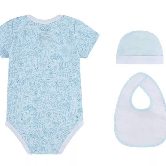 Nike Baby Boys 3-Piece Box Set 0-6 Months Glacier Blue Bodysuit Bib Hat NWT - Picture 2 of 5